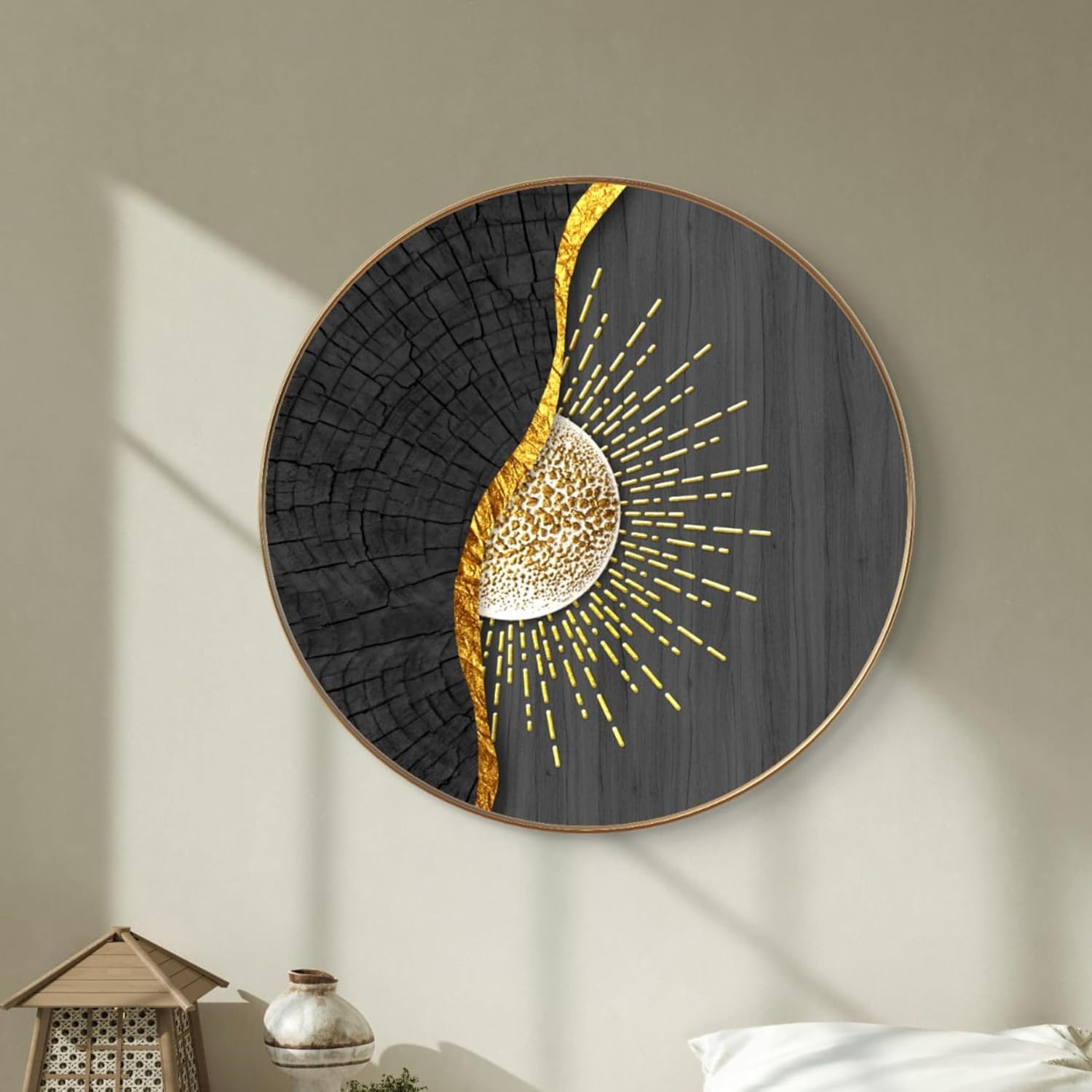Livin’luxe Abstract Sun Round Wall Painting with Premium Golden PVC Frame | Modern Black Gold Sunburst Art Decorative Wall Decor for Living Room Bedroom Office | Minimalist Circular Artwork 58 cm x 58 cm
