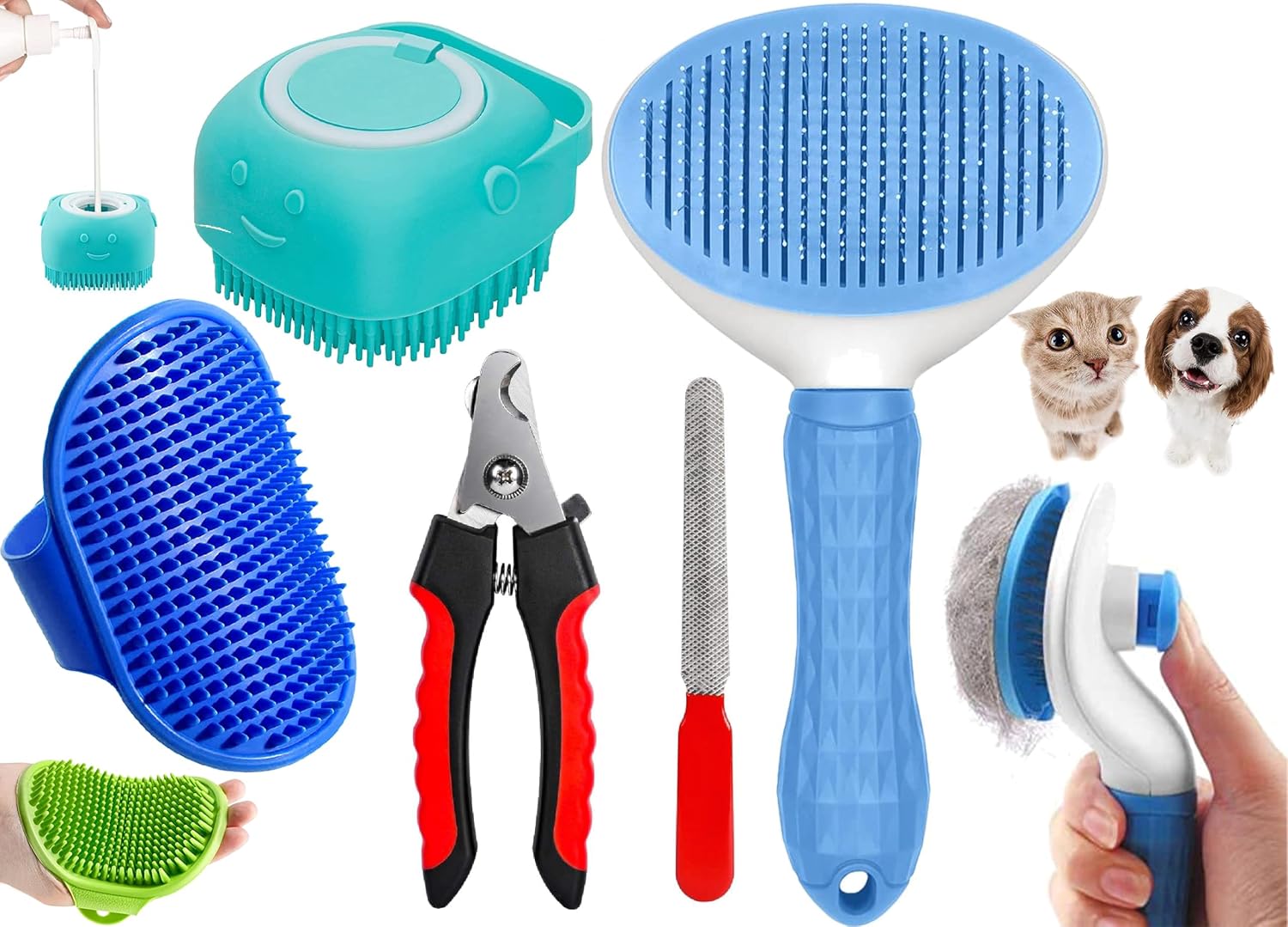 4‑in‑1 Pet Grooming Set – Self‑Cleaning Slicker Deshedding Brush + Silicone Bath & Massage Tool + Adjustable Rubber Bath Scrubber + Ergonomic Nail Clippers – for Dogs & Cats