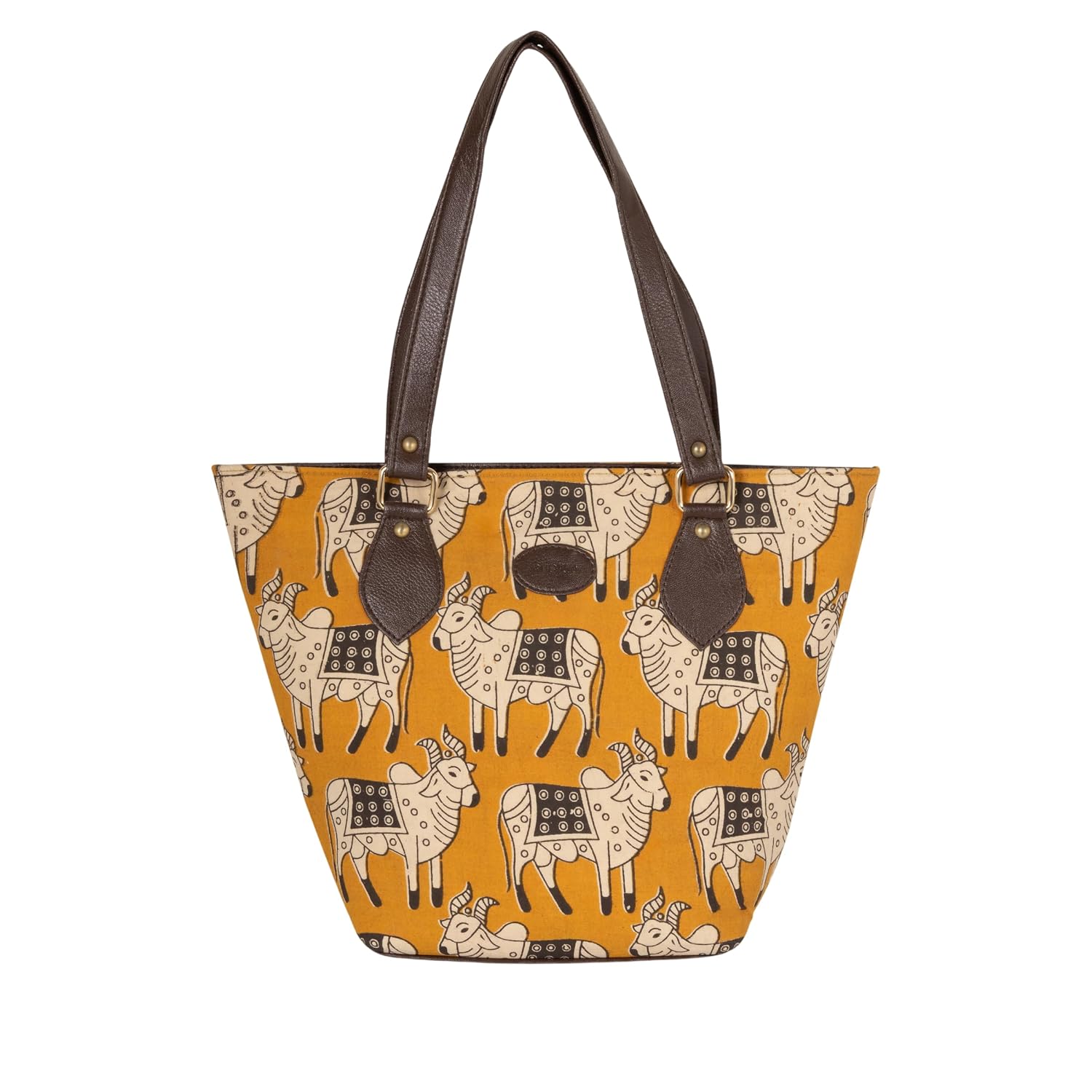 Adaa Women's Canvas Tote Bag with Traditional Pichwai Cow Motif Print, Large Capacity Shoulder Handbag with Faux Leather Straps for College Office Travel, Mustard Yellow