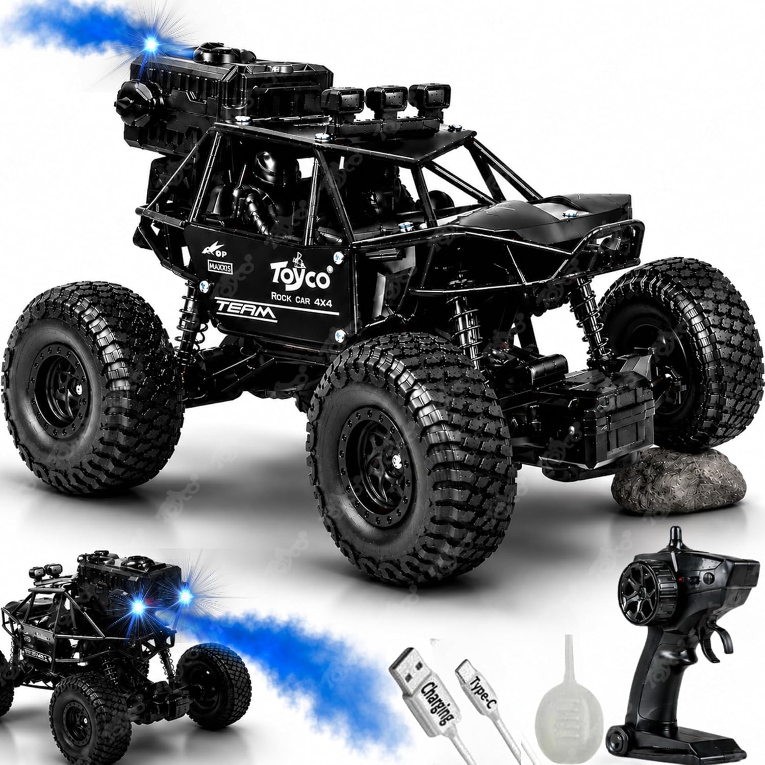 toyco® Rechargeable Remote Control Car Toy – Alloy Rock Crawler with LED Smoke Effect and Anti-Slip Tyres| 1:18 Scale | Off-Road RC 2WD Monster Truck Gift for Kids Boys and Girls Age 4-12+ (Black)
