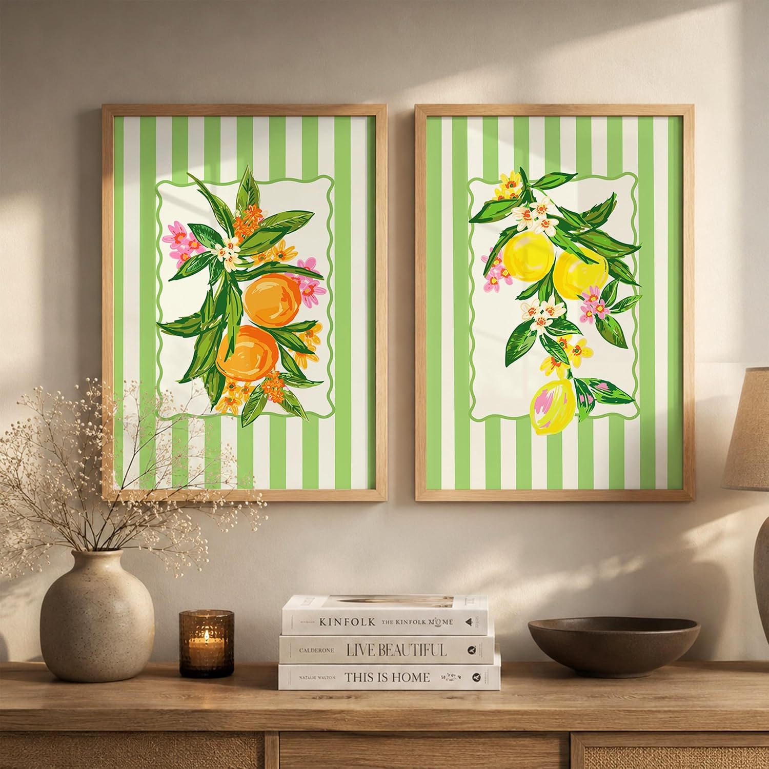 Suneree Citrus Botanical Wall Art Set of 2, Wooden Frames for Home Decor (Art 1, 10x13 Inches)
