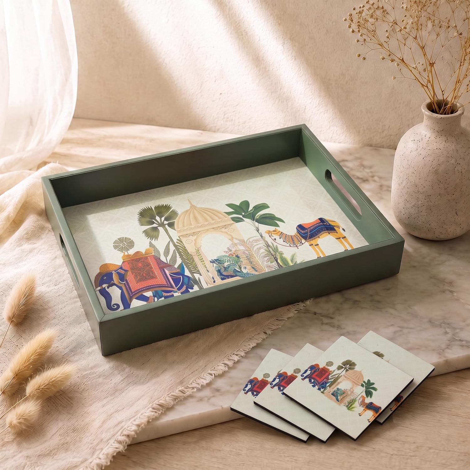 Birch & Co. Wooden Tray for Serving-Free 4 Coasters-10 Inch X 15 Inch-Serving Tray-Tray Set for Decoration-Tea Trays-Big Coffee Tray-Premium MDF Trey-Wooden Serving Trays-Resin Tray,Rectangular