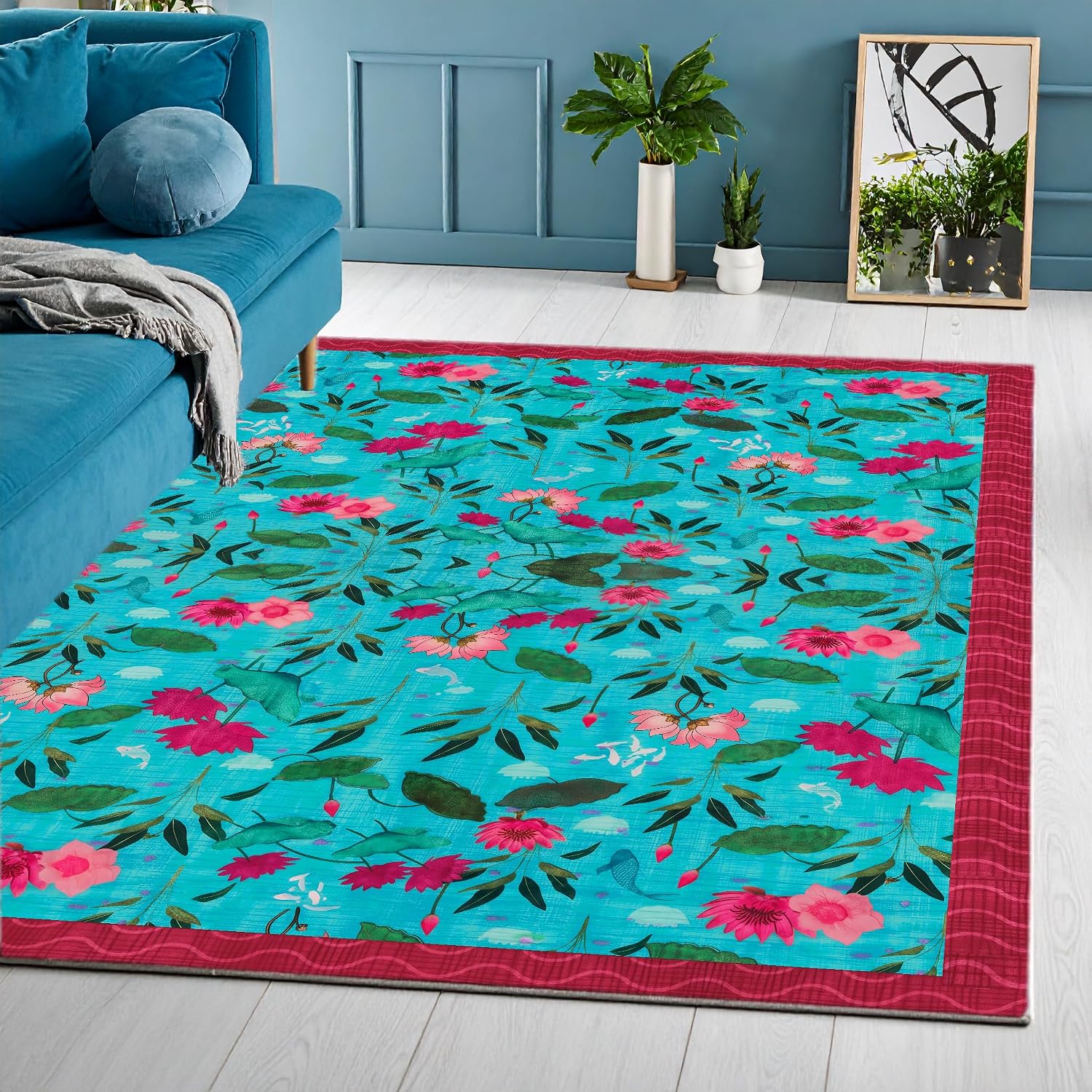 ishro home 3 x 5 Feet 3D Jet Multi Printed Carpet Rug Runner and Carpets for Bedroom/Living Area/Home with Anti Slip Backing (Lotus Lagoon, 3×5 fts)