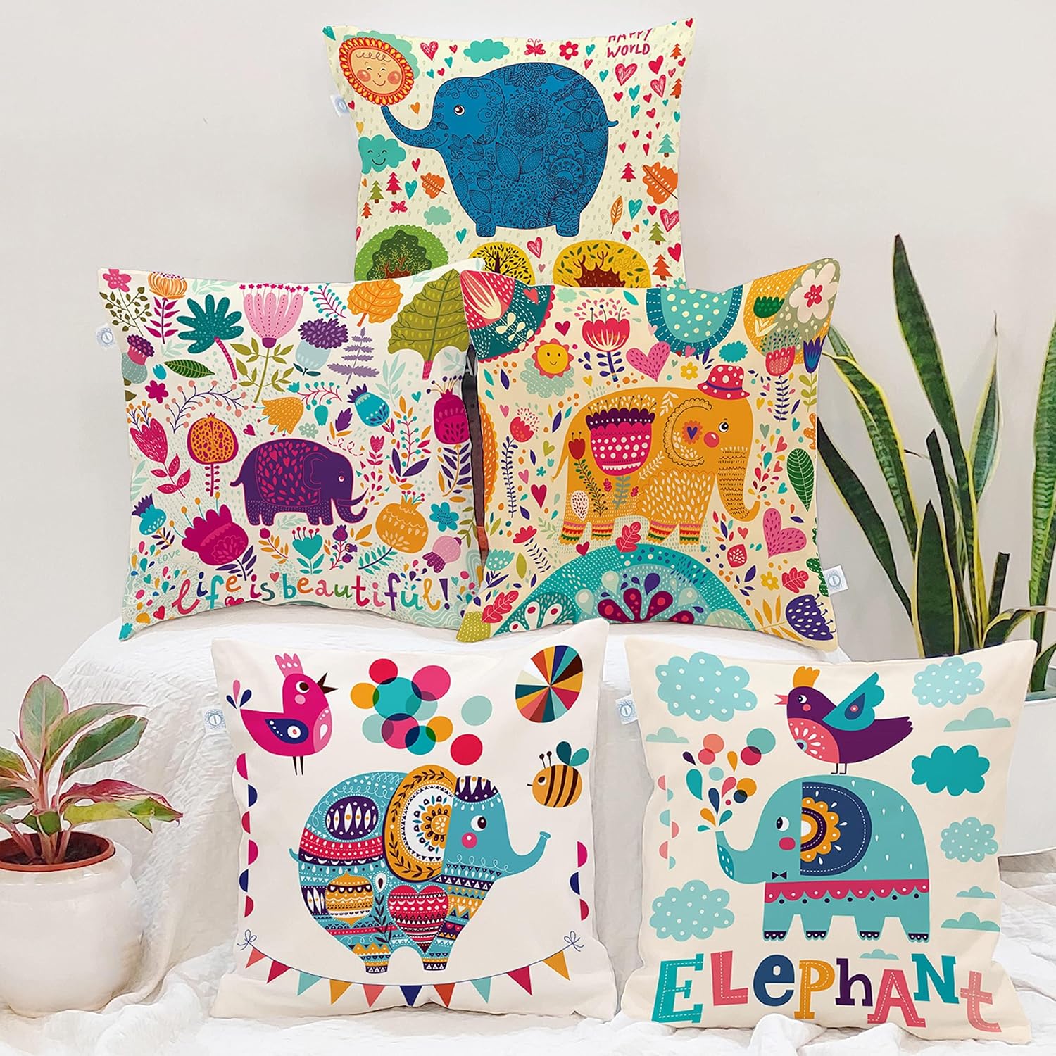 STITCHNEST Set of 5 Polycotton Cushion Covers – 16×16 Inches – Multicolor Elephant & Jungle Print – Playful Cushion Covers for Kids Room, Sofa & Living Room Decor