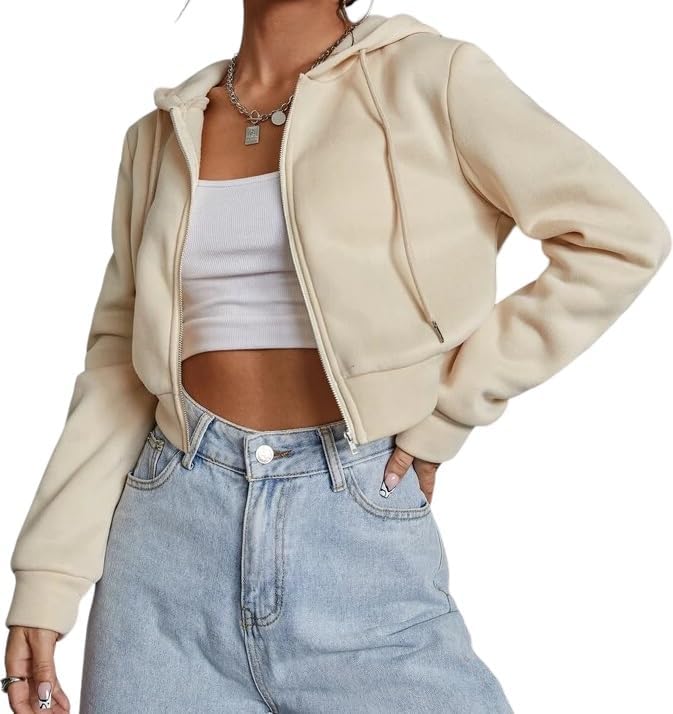 Fleece Solid Long Hooded Neck Hoodie Zipper Crop Jacket for Women’s