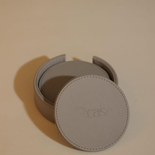 Faux Leather Round Coasters Set of 4 with Stand, Grey | Water & Heat Resistant, Non-Slip, Durable | Ideal for Coffee/Dining Table, Desk, Office, Home, Kitchen, Bar | Home Accessory | Home Decor