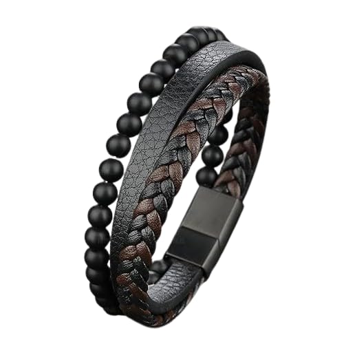 MEENAZ Bracelet for Men Black Leather Bracelet for boys Magnetic-Clasp Leather Mens Beads Evil eye Bracelets for Men Stylish Combo Silver Stainless Steel Birthday Gift Anniversary Husband 665