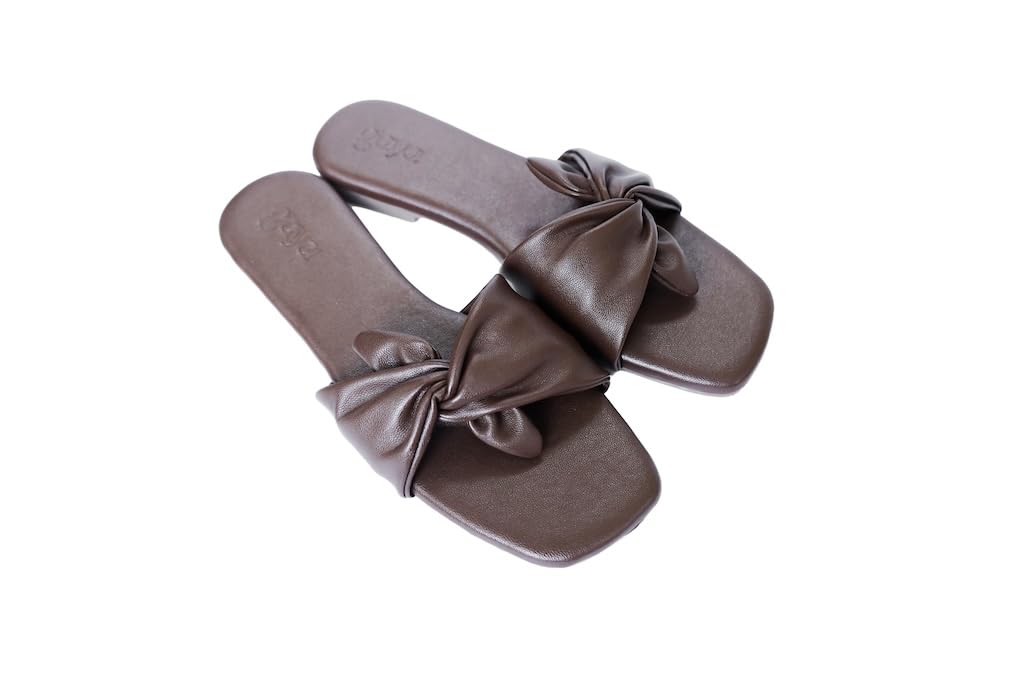 Gaya Women’s Brown Bow Slide Sandals, Flat Slip-On, Square Toe, Vegan Leather Strap Cushioned Comfort For All Day Wear