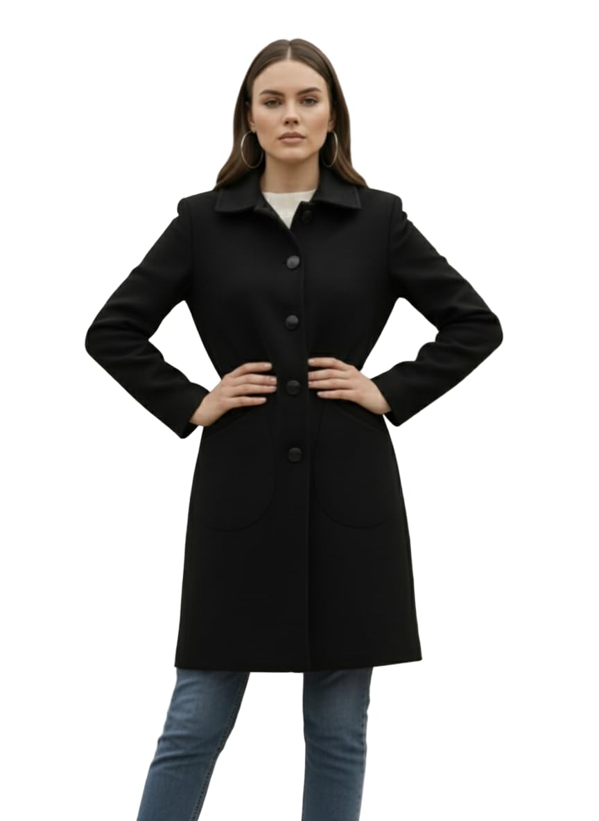 CHKOKKO Polyester Women Classic Winter Long Coat Single Breasted Knee Length Design with a Sophisticated Spread Collar and Practical Front Pockets for Casual and Semi Formal Wear