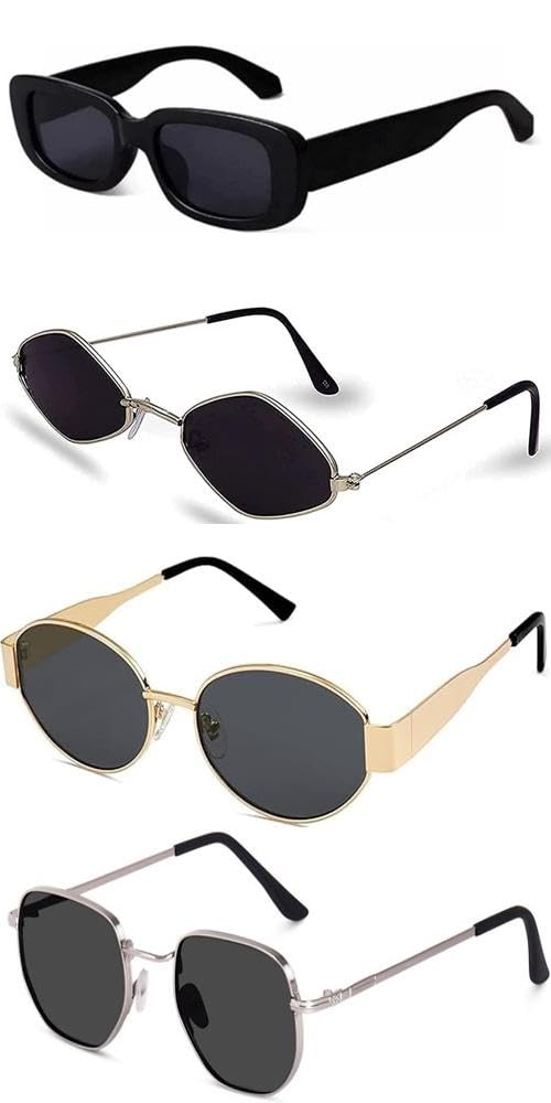 Sheomy Unisex combo offer pack of 4 shades Unisex Fashion Sunglasses Set, 4 Pairs, Metal Frame, Black and Silver – MC-690