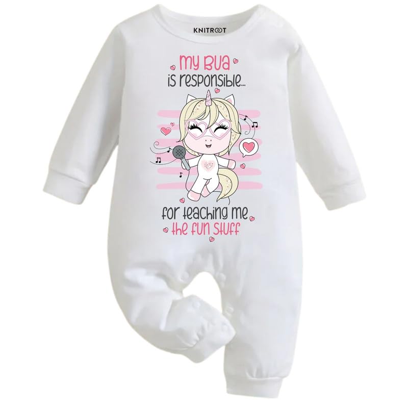 KNITROOT Bua Theme, My Bua Is Responsible for Teaching Me Fun Stuff, 100% Pure Cotton White Jumpsuit, Unisex Baby Kids Romper, Sleepsuit, Bodysuit, Full Sleeves, Shoulder-Snap-Buttons, Infant Cloths