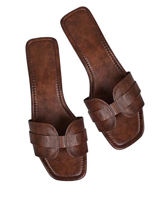 Women’s Brown Flat Slide Sandals with Woven Strap Detail RC3-WODEN