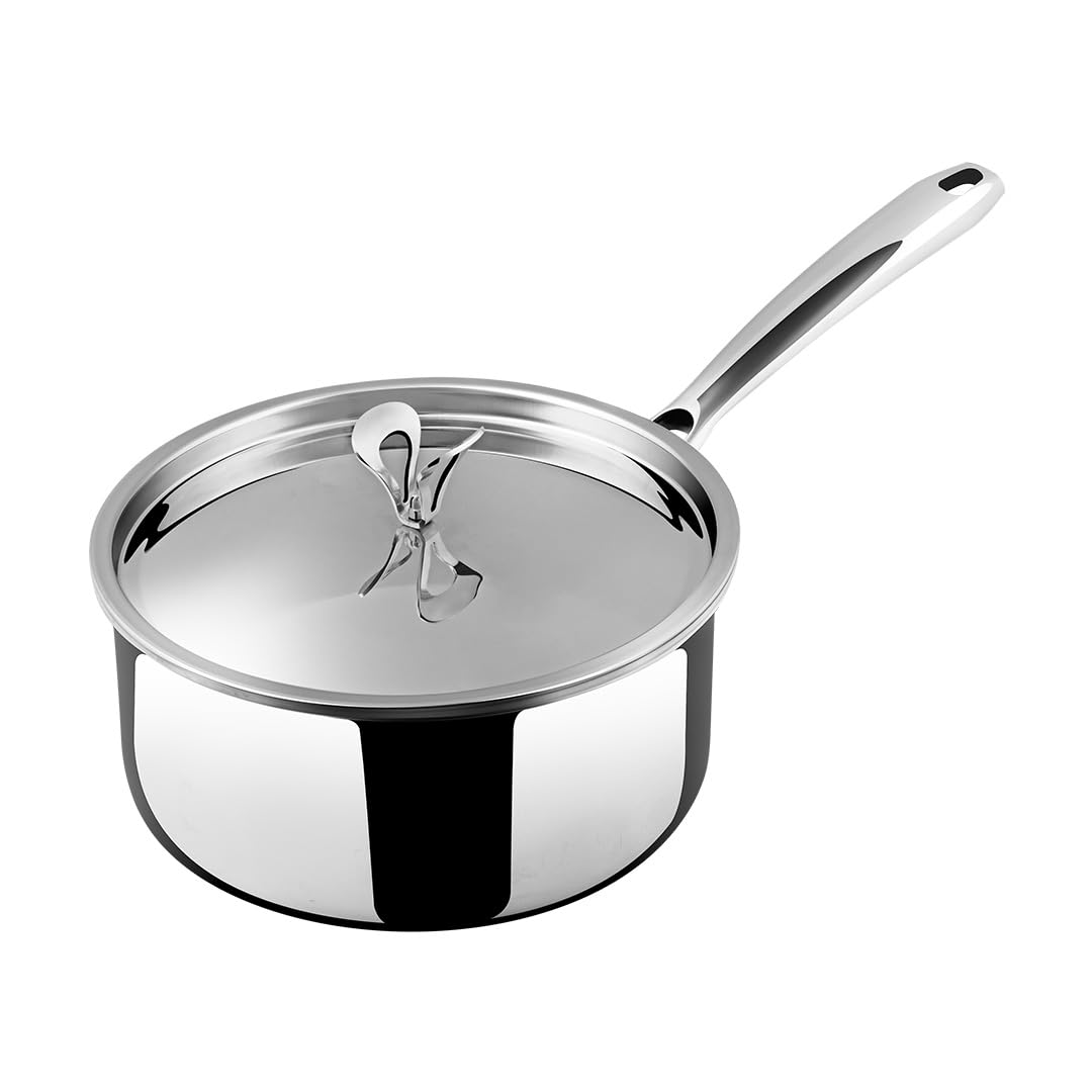 Ultra Triply Sauce Pan 16cm (1.6L) – Heavy Duty | 304 Food-Grade Stainless Steel Cookware with SS Lid | 2.5mm Tri-Ply Body, Fast & Even Heating with Prevents Charring, Non-Sticky Finish