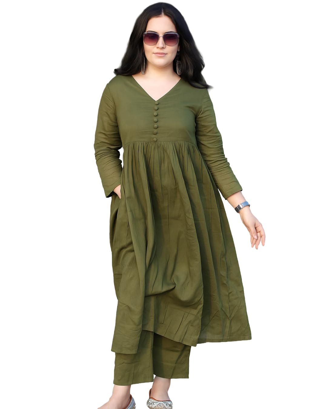 Anarkali Kurta Pant Set for Women Long Flared V-Neck Kurta | Office & Casual Wear | 3/4 Sleeve | Button Front