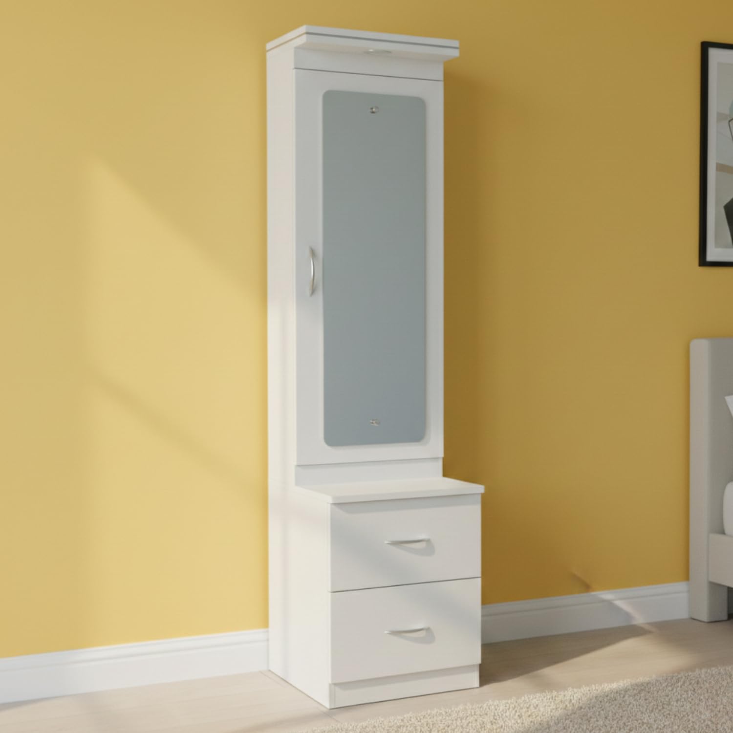 CASPIAN Engineered Wood Single Door Wooden Vanity Dressing Table (White) | Pre-Assembled Furniture with Mirror, LED Lights | Makeup & Accessories Storage Organizer with 4 Shelves & 2 Drawer
