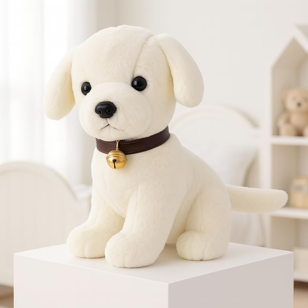 Storio Soft Plush White Puppy Stuffed Animal with Bell Collar| Kids Animal Home Decor for Boys & Girls Soft Dog Plush Toy – 25cm