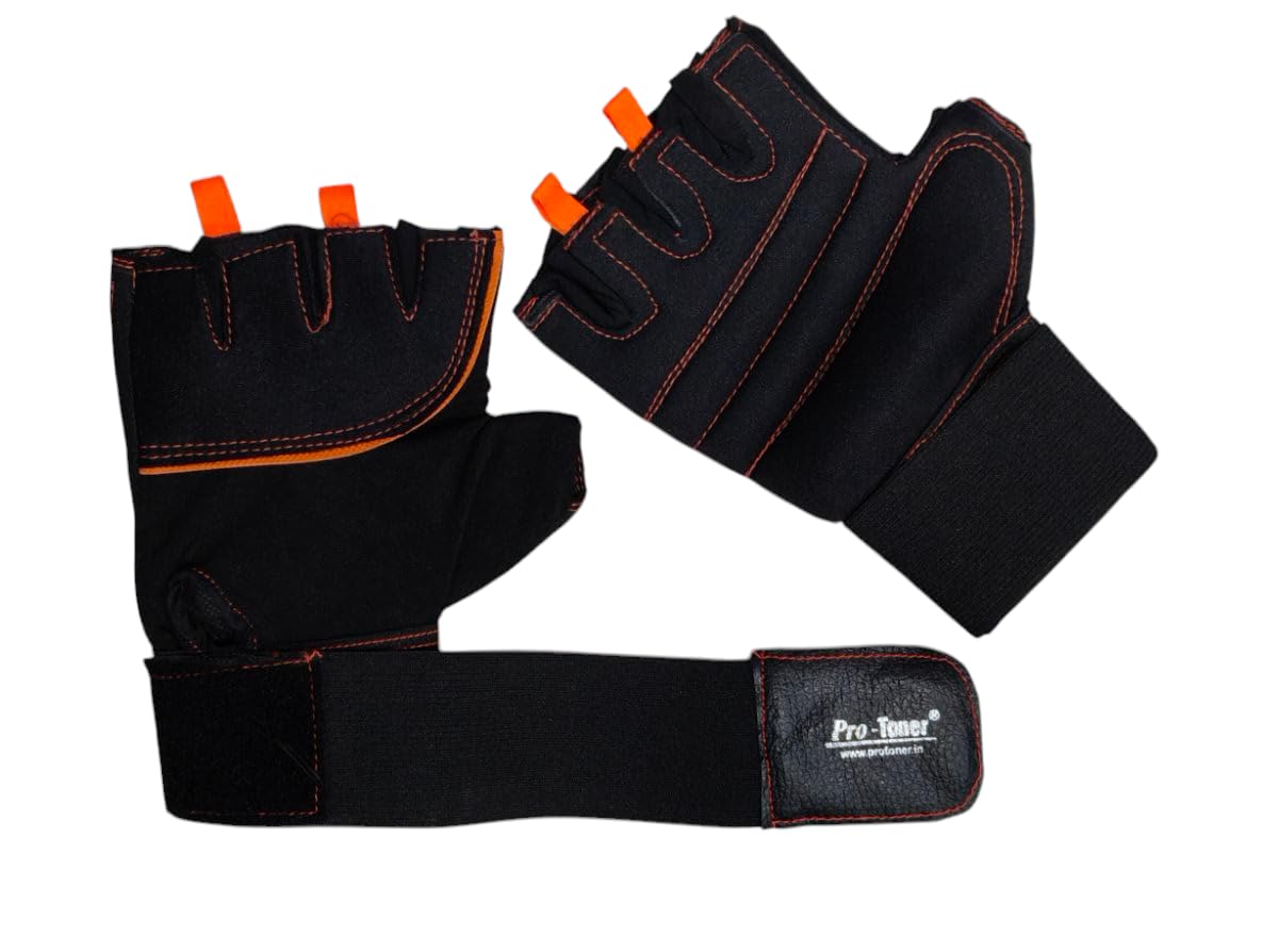 Protoner Gym Gloves with Wrist Support, Unisex, Black and Orange, Fingerless Design