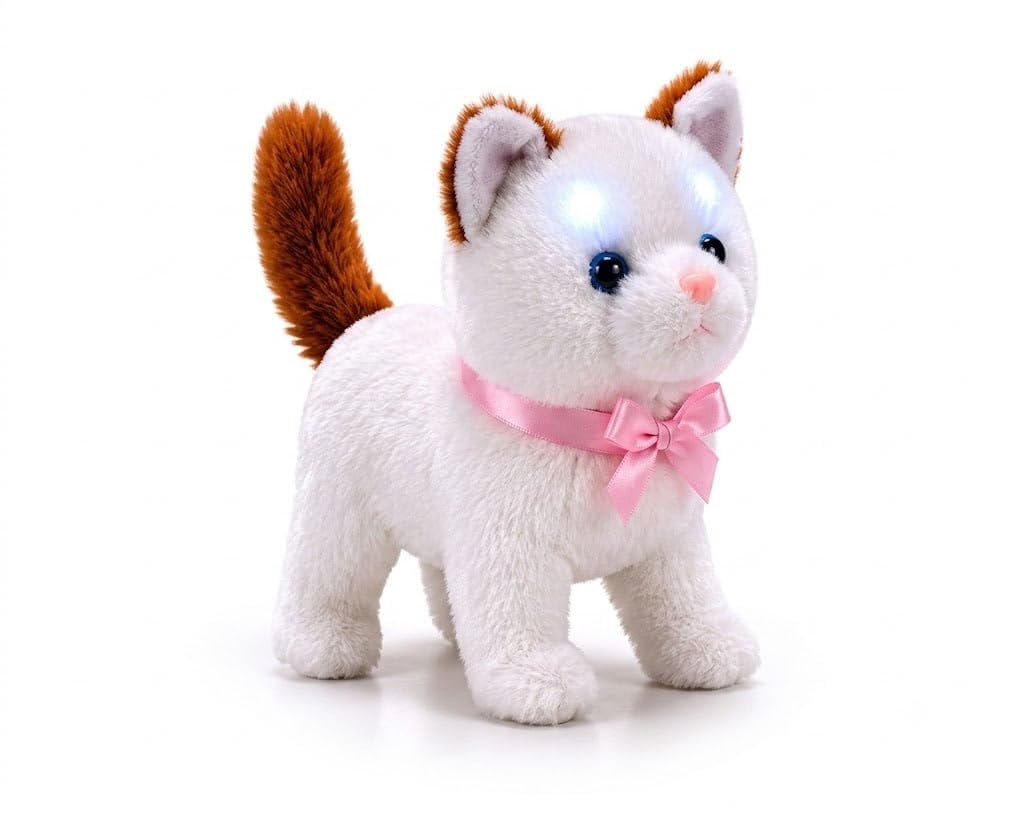 Interactive Walking Cat Toy Battery Operated LED Eyes Meowing Plush Cat Moving Tail Soft Stuffed Animal Toy for Kids Boys Girls Educational Fun Pet Toy