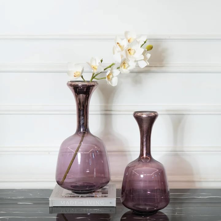 Premium Purple Glass Vase Set of 2 for Home Decor | Modern Decorative Flower Vases for Living Room, Dining Table & Office | Luxury Transparent Glass Centerpiece Vase Set
