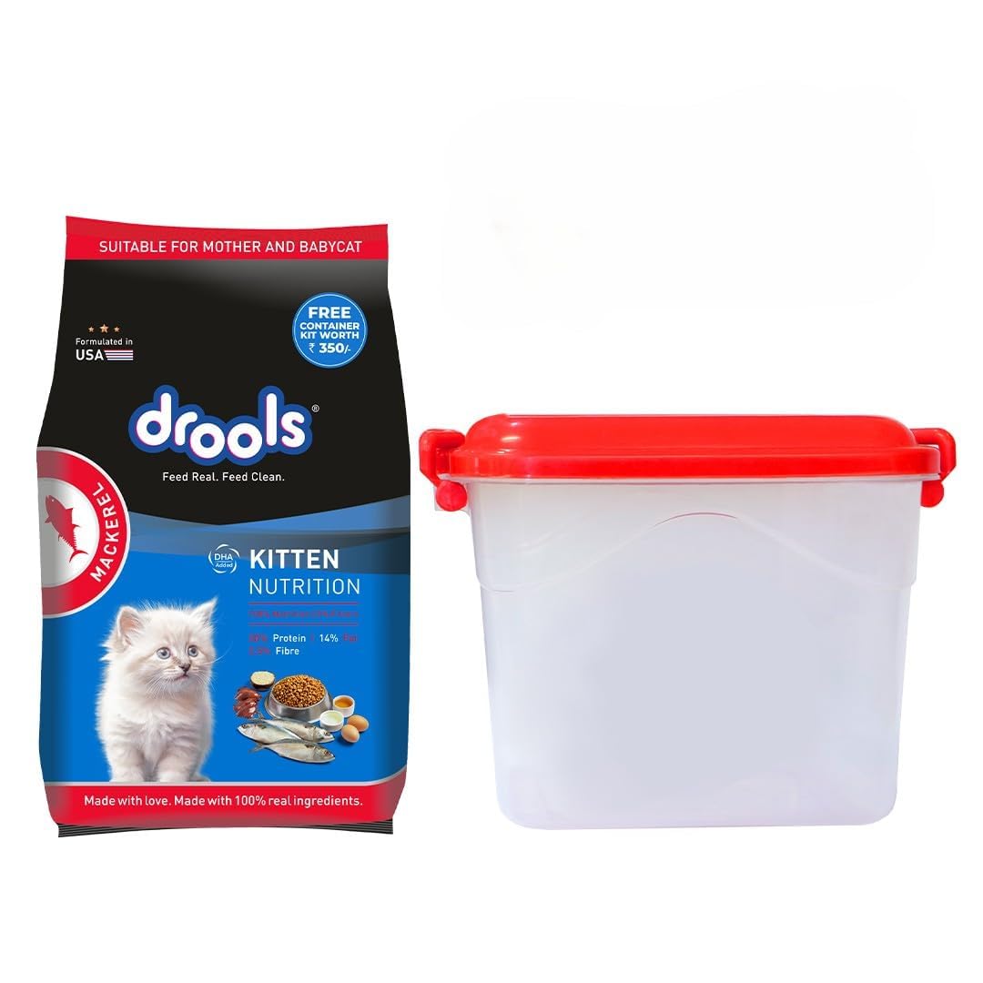 Drools Kitten Dry Cat Food, Mackerel Flavour 1 kg with Free Container Pack