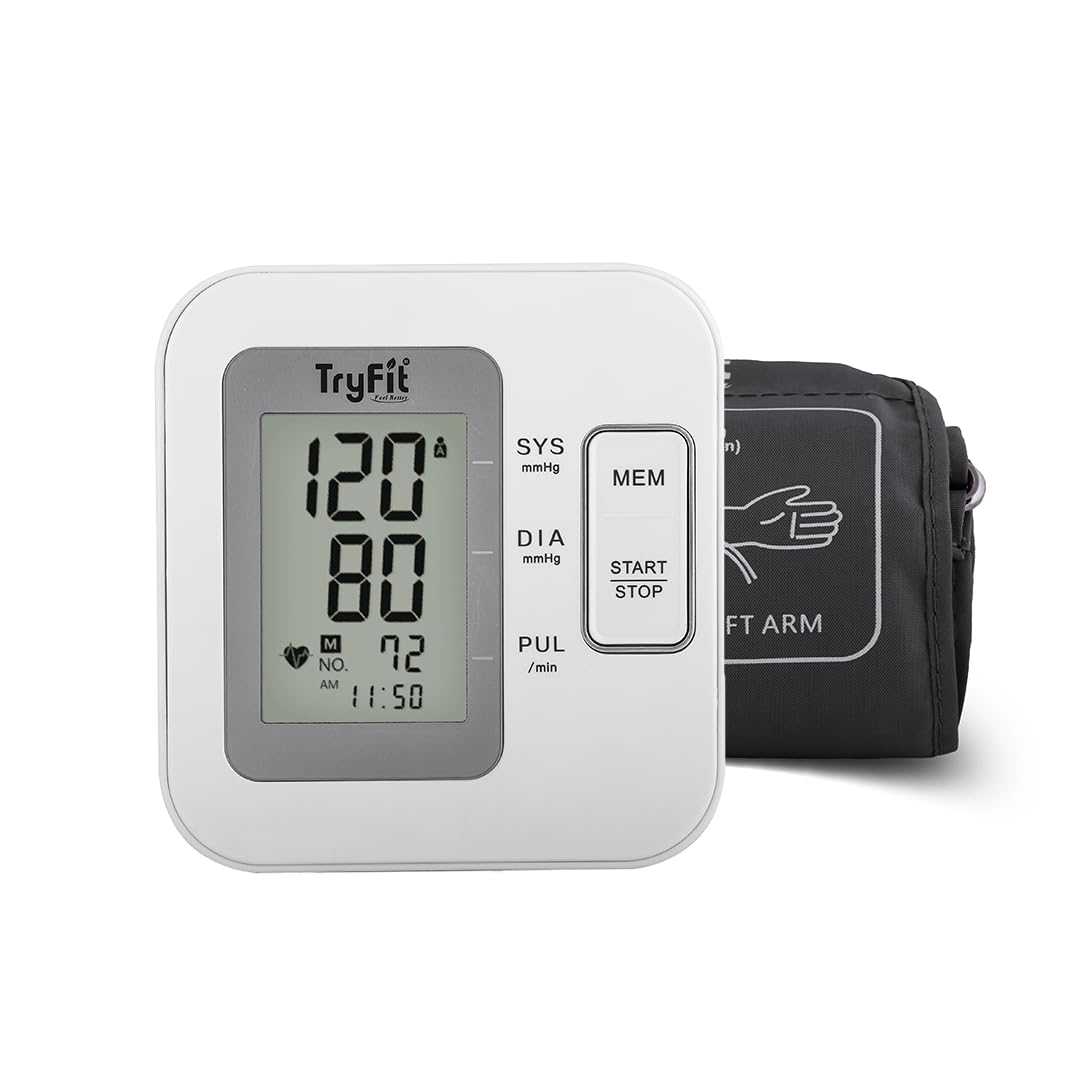 TryFit Electric Blood Pressure Monitor with Voice Prompt – Fully Automatic Upper Arm BP Monitor with Large LCD, Dual User Memory, Irregular Heartbeat Alert, Type-A & Battery Powered (White)