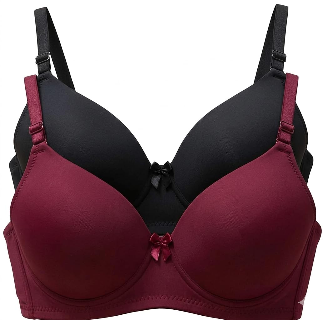 Women’s Nylon Lycra Lightly Padded Full Coverage Wirefree T-Shirt Bra Combo Pack of 2