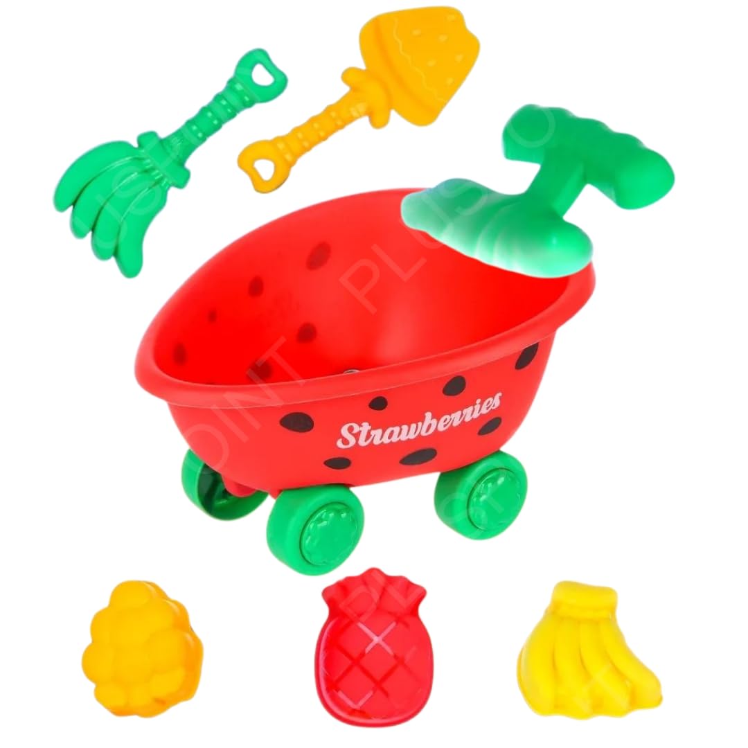 PLUSPOINT Fruit Beach Toys for Kids 7 Piece Sand Toys Including Fruit Theme Strawberry Shape Trolley, Rake, Shovel, 3 Sand Molds Sandbox Toys for Toddlers 3-10