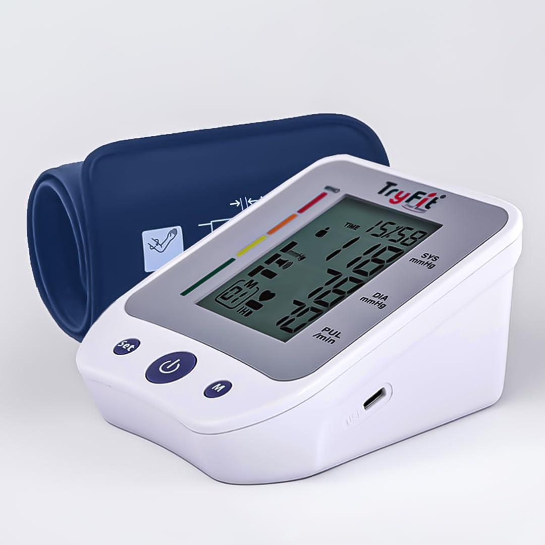 TryFit Hike Blood Pressure Monitor – Fully Automatic Digital BP Machine with Large LCD, Dual User Memory, Hypertension Indicator, Type-C & Battery Powered (White)