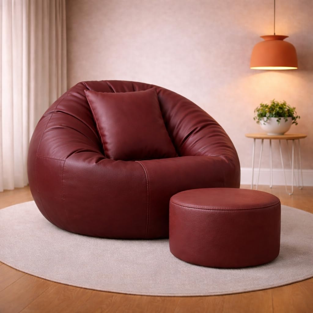 4XL Tear Drop Bean Bag with Footrest & Cushion | Premium Leatherette Bean Bag Cover | XXXXL Lounger Chair for Living Room | Without Beans | Upto 150 Kg (Wine, XXXXL)