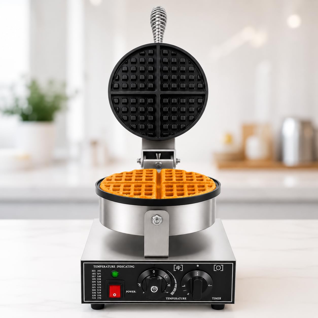 Round Belgian Waffle Machine, Commercial Electric Belgian Waffle Maker, Non-Stick Waffle Baker for Cafe Bakery Restaurant