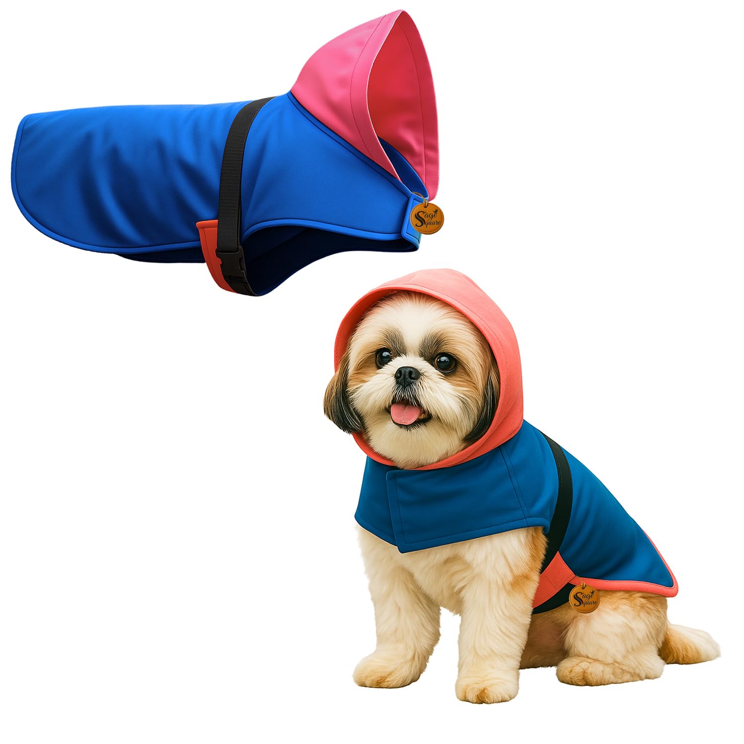 Sage Square Dog Raincoat | Waterproof Pet Jacket with Hood & Leash Hole | Lightweight & Breathable Fabric | Adjustable Strap | Coat Protects Against Rain, Mud, Ticks & Fleas (17Inch) (Small)