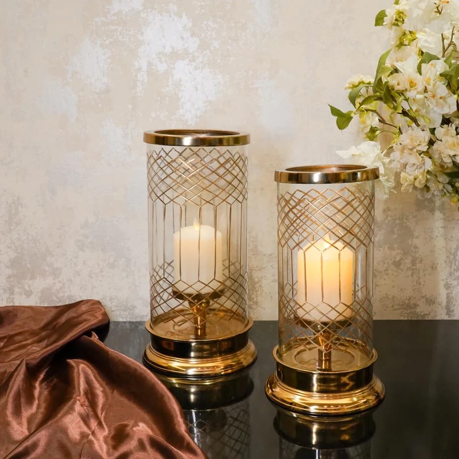 Luxury Gold Metal & Glass Candle Holder Set of 2 | Decorative Hurricane Lantern Candle Stand for Living Room, Dining Table, Wedding, Home Decor & Festive Decoration | Premium Centerpiece (Small)