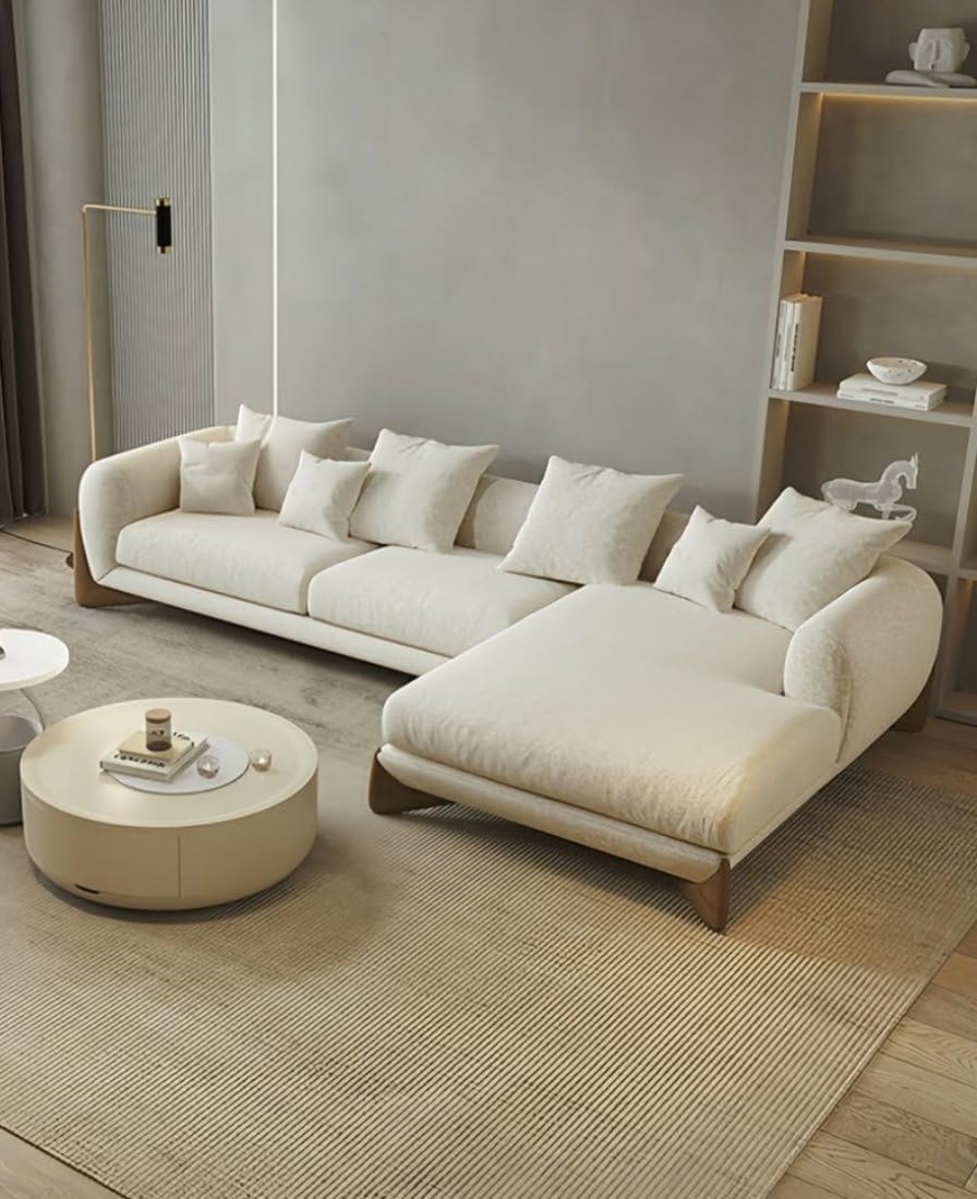 Modern Sofa Chesterfield Design with Stylish Wooden Legs Bouncy Teddy Fabric Off-White Finish Sofa for Living Room, Bedroom, Hallways (4 Seater, Sectional LHS)
