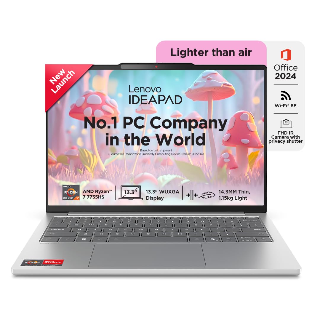 Lenovo IdeaPad Slim 5, Ryzen 7 7735HS, 16GB RAM, 512GB SSD, WUXGA IPS Display, 13.3″ (33.7cm), Windows 11, Office 24, Grey, 1.15Kg, 83J2000HIN, Integrated AMD Radeon 680M Graphics, Backlit KB, Laptop