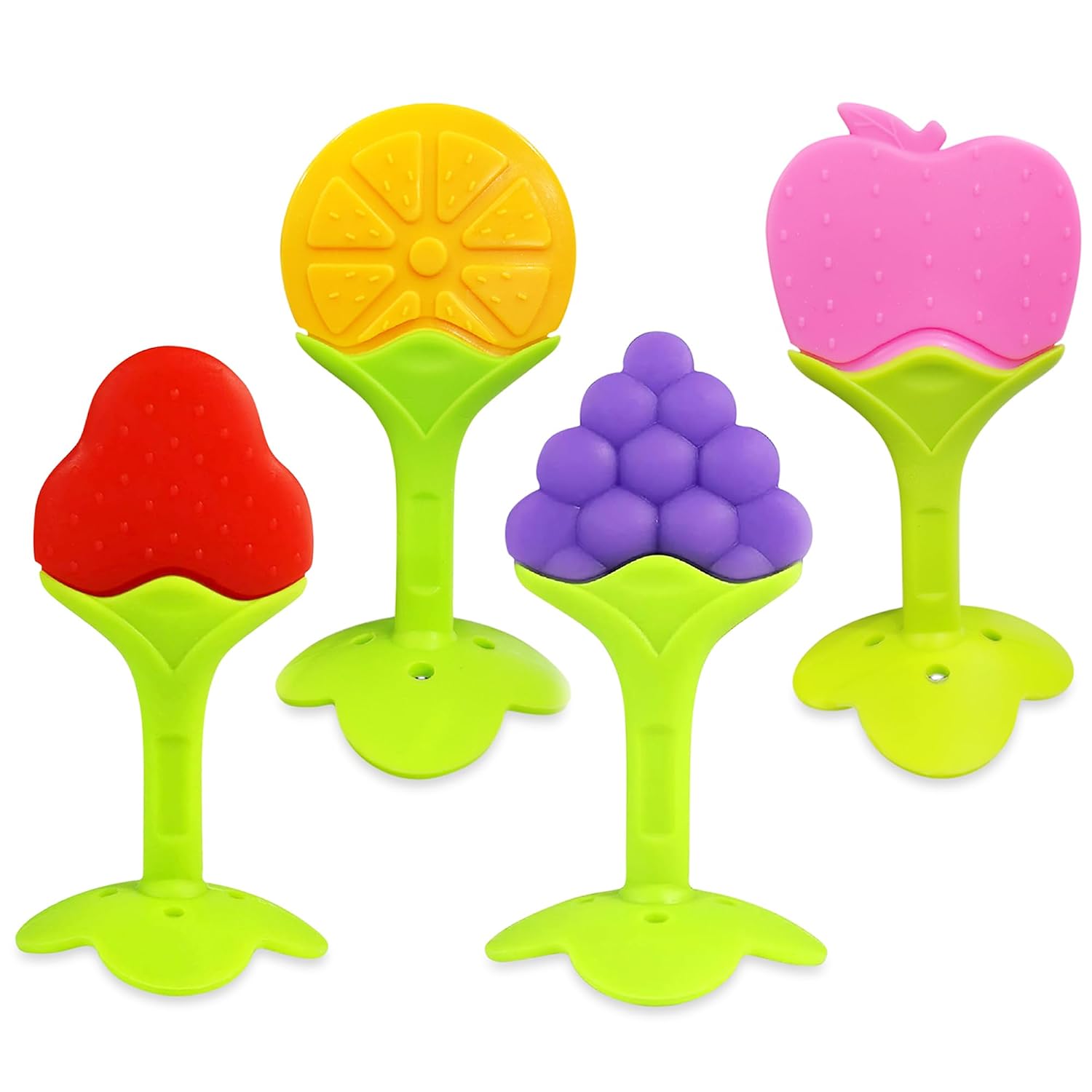 GLUN® Pack of 4 Silicone Baby Teether Toys for 5-12 Months, BPA Free Baby Teether, Sensory Teether & Baby Chew Toy, Soft Gum Relief Toy for Infants, Strawberry Orange Grape Apple Shapes, Gum Massager