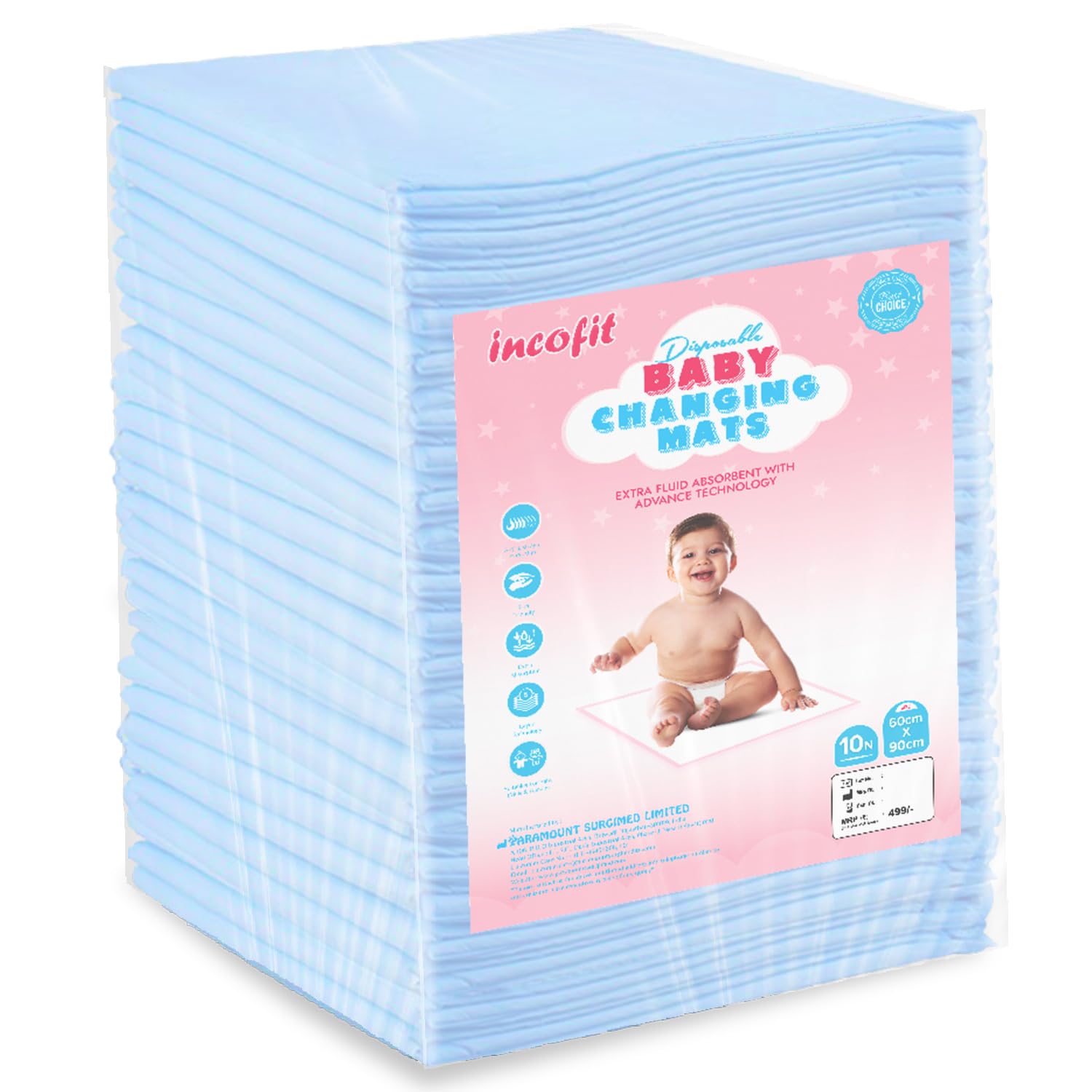 Incofit 60×90 CM Large Baby Disposable Underpad | Changing Mats | Changing Pads | Baby Waterproof Pads | Waterproof Diaper | Breathable Underpads | Bed Protector With 100% Water Proof Non Slip Back Sheet- PACK OF 10 COUNT