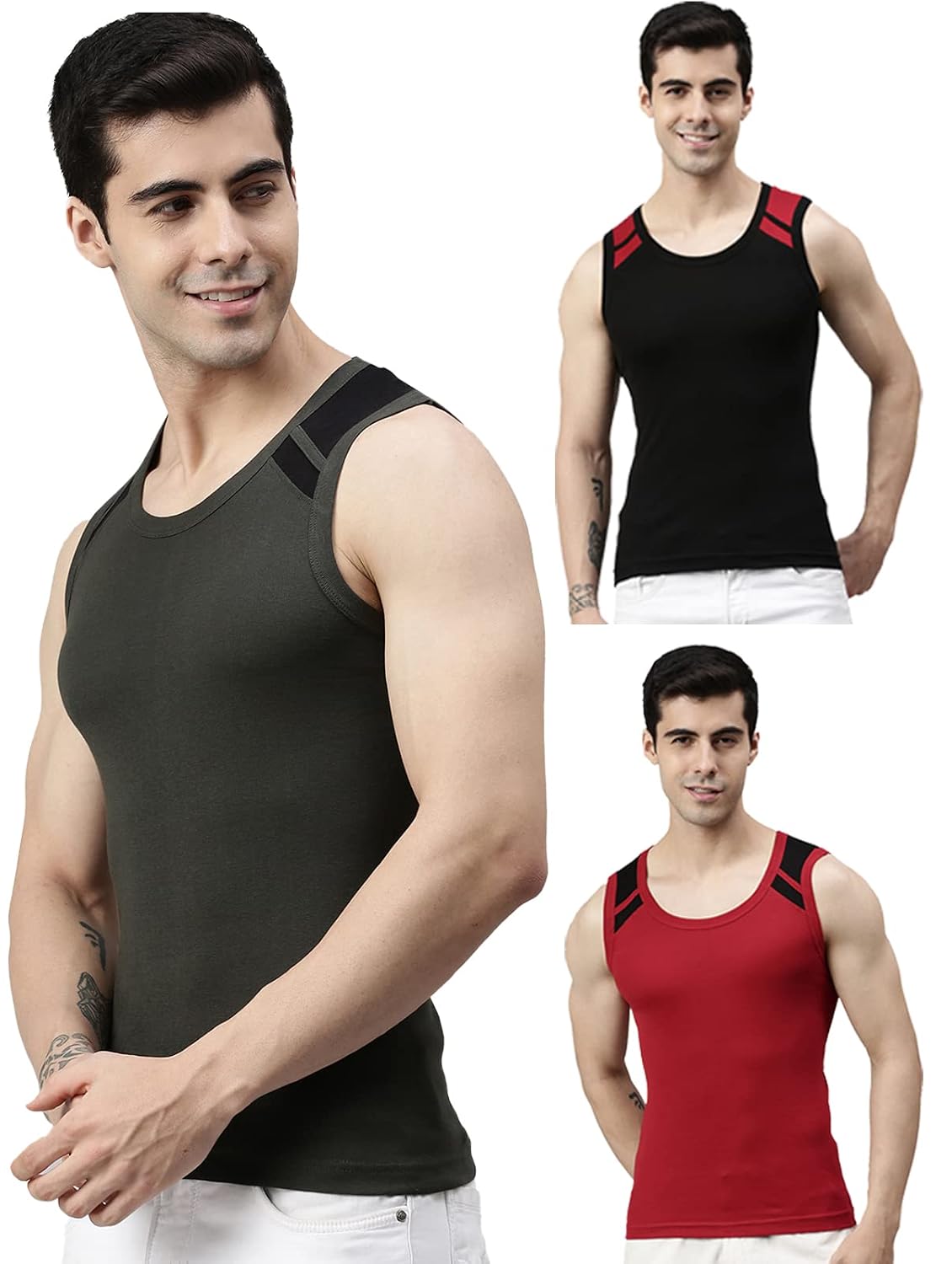 Lux Cozi Men’s Cotton Vest Pack of 3 | Sleeveless Gym Vest for Men | Soft Breathable Cotton Innerwear | Round Neck Regular Fit Undershirt | Men’s Baniyan | Color May Vary