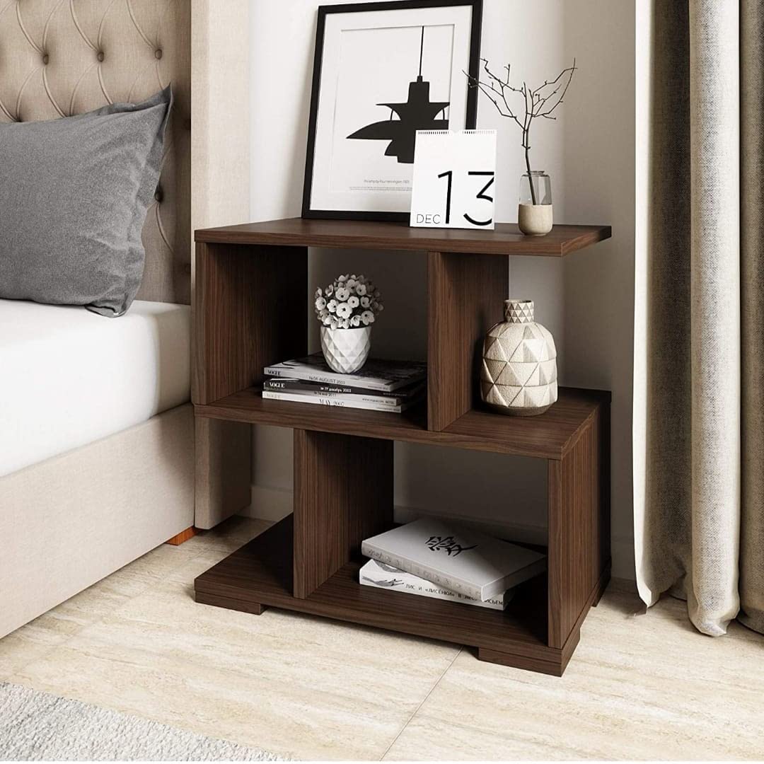 Wooden Bedside Table for Bedroom | Modern Side Table for Living Room | Small Nightstand/End Table with Open Shelf | Compact Wooden Table for Home (Brown, 20×18×8 inch)