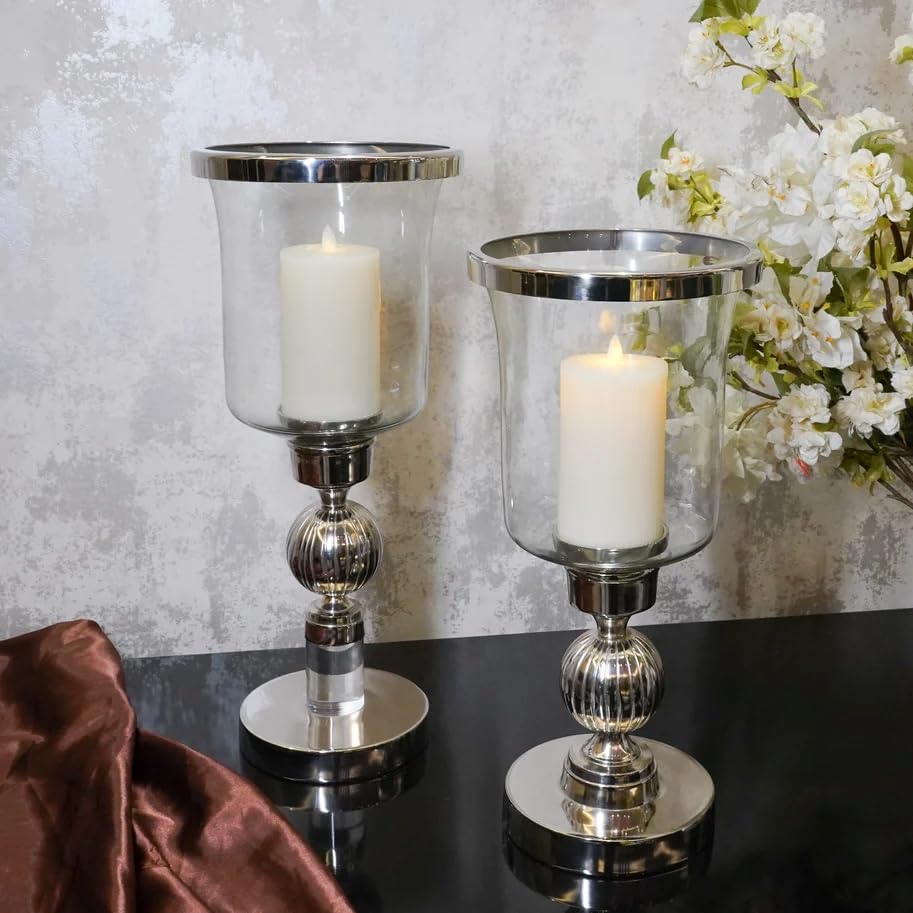 Luxury Glass Hurricane Candle Holder Set of 2 | Silver Metal & Clear Glass Pillar Candle Stand for Dining Table, Living Room Decor, Wedding Centerpiece, Diwali Decoration & Gifts (Small)