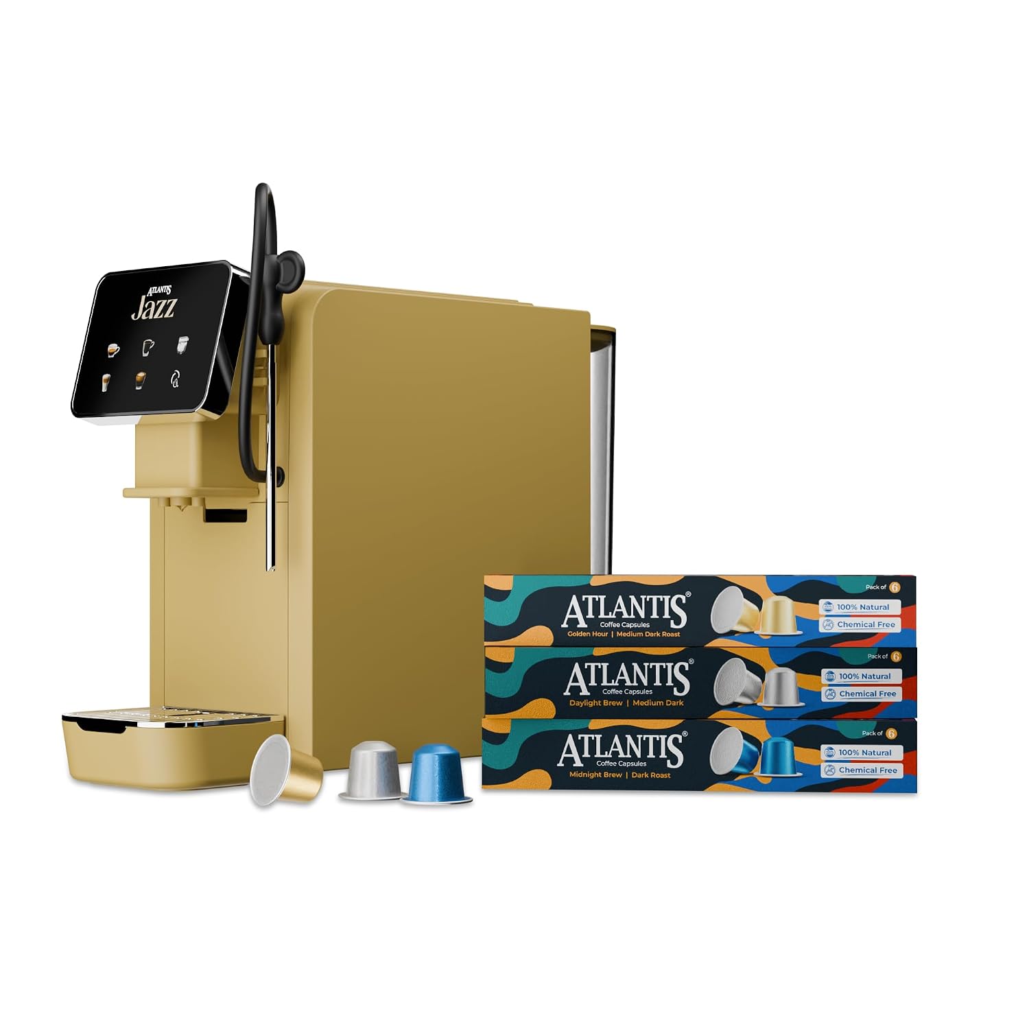 ATLANTIS JAZZ Coffee Capsule Machine with Assorted Coffee Capsules Pods | Integrated Milk Dispensing | One-Touch Cappuccino, Latte, Espresso & Americano | Compatible with Nespresso®