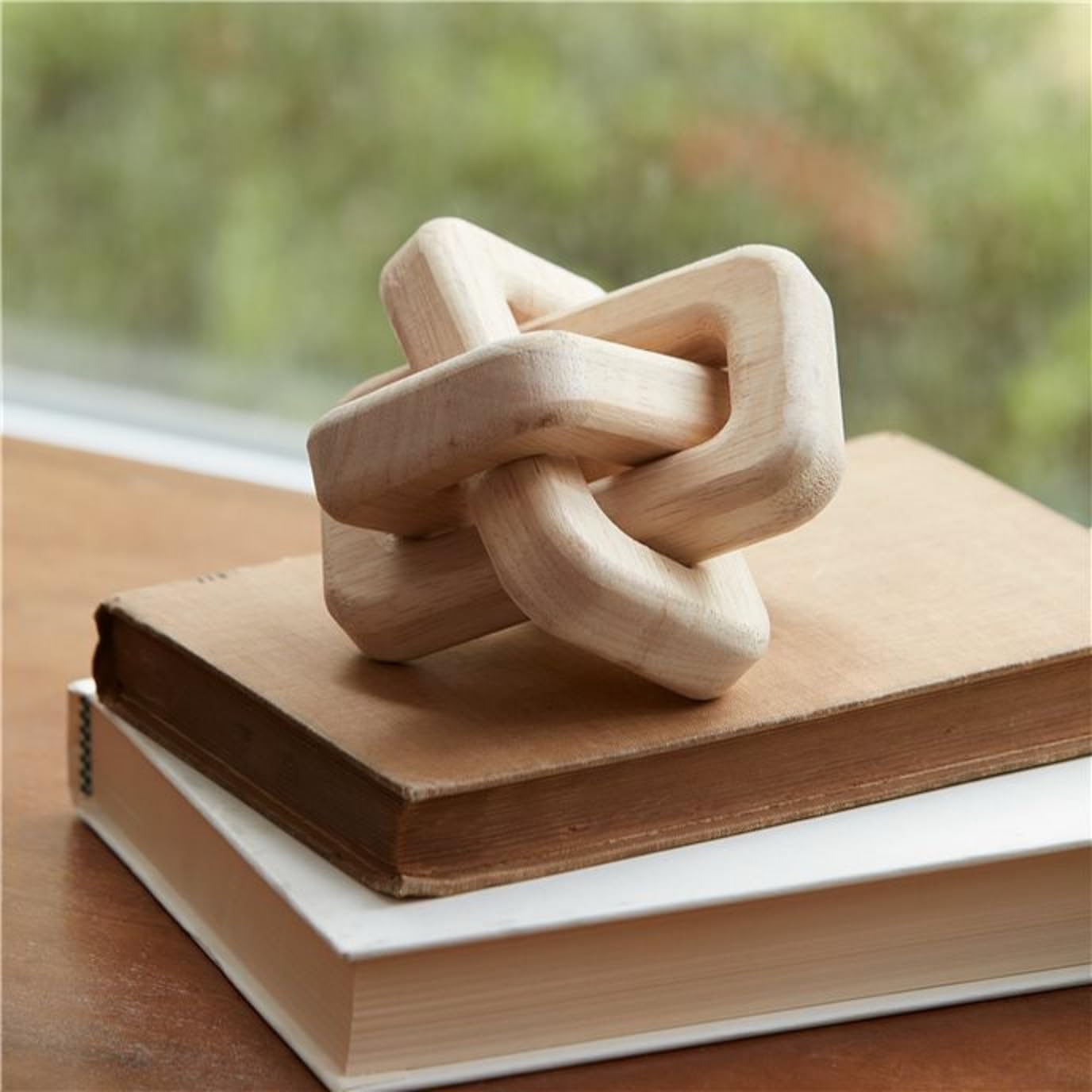 Handcrafted Wooden Interlocked Knot Sculpture | Minimalist Table Décor Accent for Home & Office | Modern Wooden Decorative Object for Living Room & Study Table