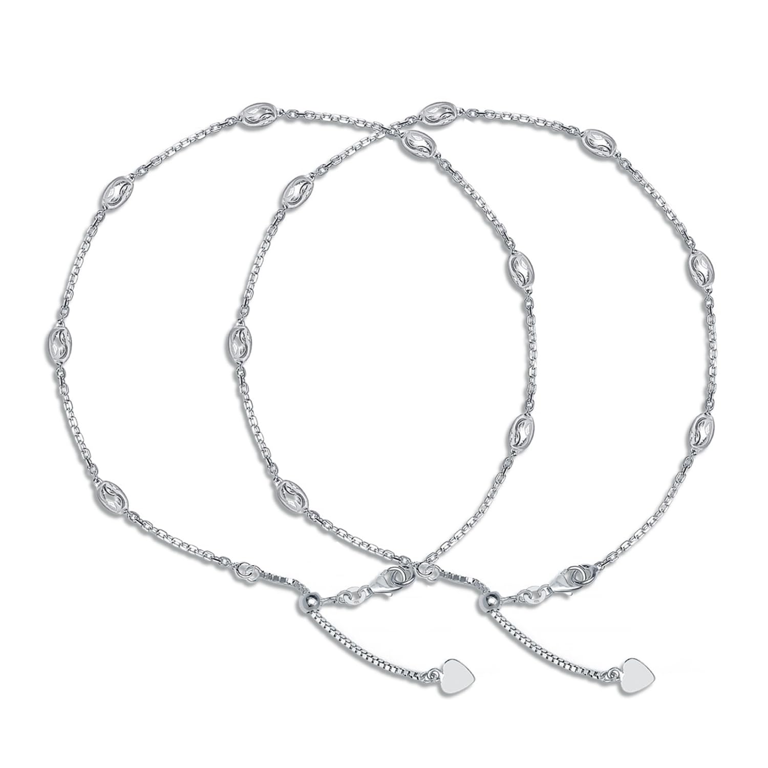 TRUESILVER ACPL 925 Sterling Silver Diamond Cut Oval Beaded Station Anklet for Women