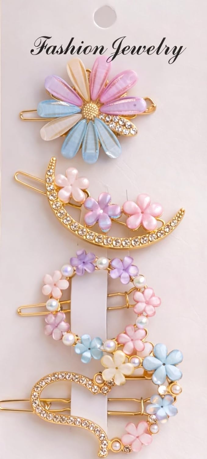 Floral Hair Clips Set for Women & Girls – Cute Crystal Flower & Pearl Gold Hair Pins Combo (Pack of 4) – Stylish Korean Fashion Hair Accessories