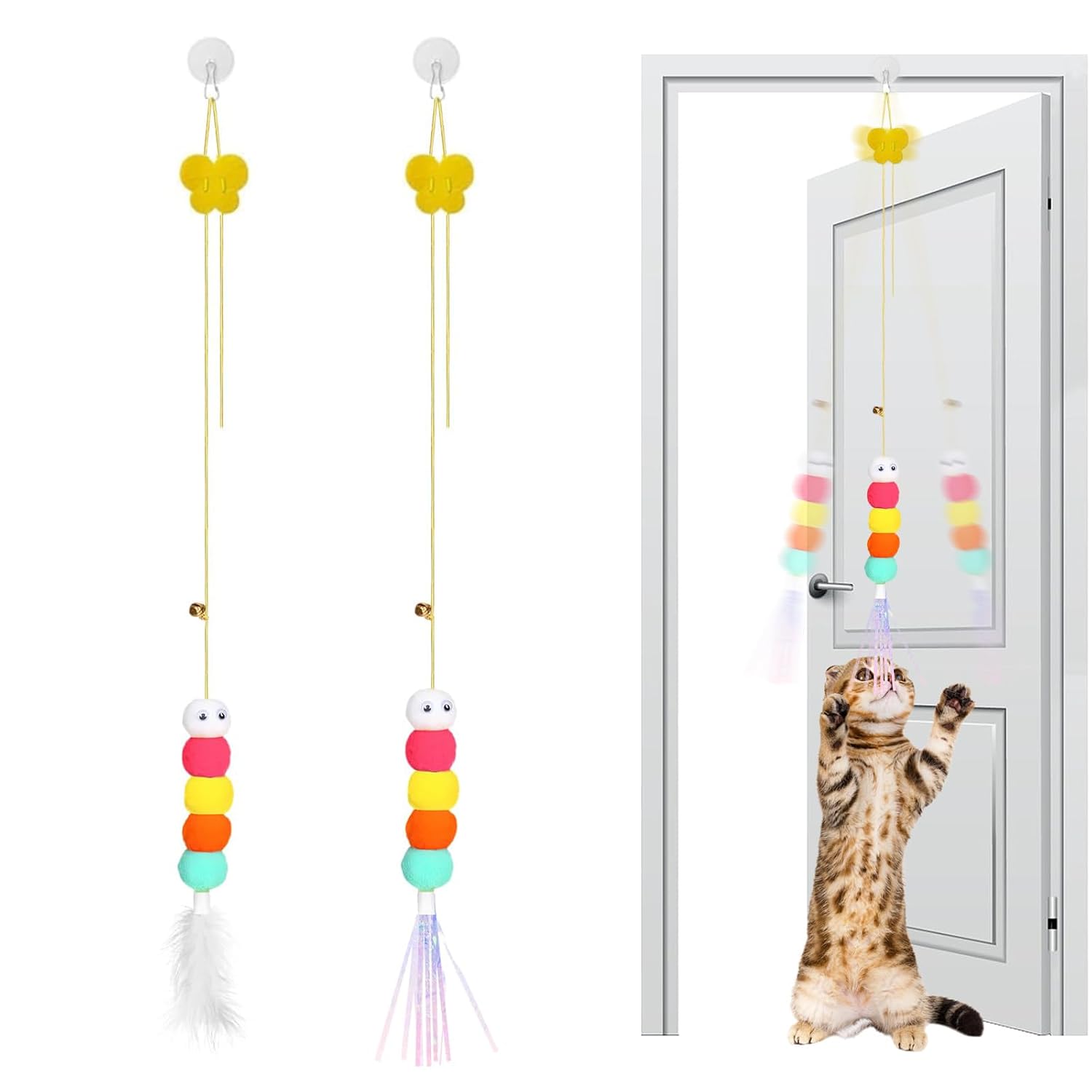 Cat Toys, Hanging Spring Toys for Cats, Interactive Cat Playing Toy with Feathers and Crinkle Paper, Kitten Toys for Indoor Play, 2-Pack