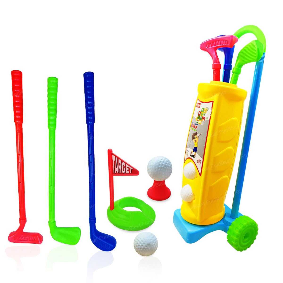 FunBlast Golf Set for Kids – Portable Golf Accessories Kit with 3 Golf Sticks, 2 Balls, Platform Cup & Flag for 3+ Years Kids, Children, Boys, Girls – Multicolor