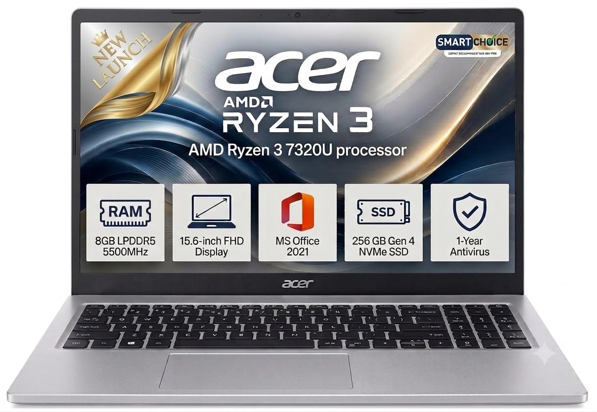Acer Smartchoice One 15, AMD Ryzen 3 7320U, 8GB LPDDR4 RAM/ 256GB SSD, 15.6″/39.62cm WXGA FHD Display, AMD UHD Graphics, Win 11 Home, MS Office 21, Pure Silver, 1.39 Kg, AO15, Thin and Light Laptop