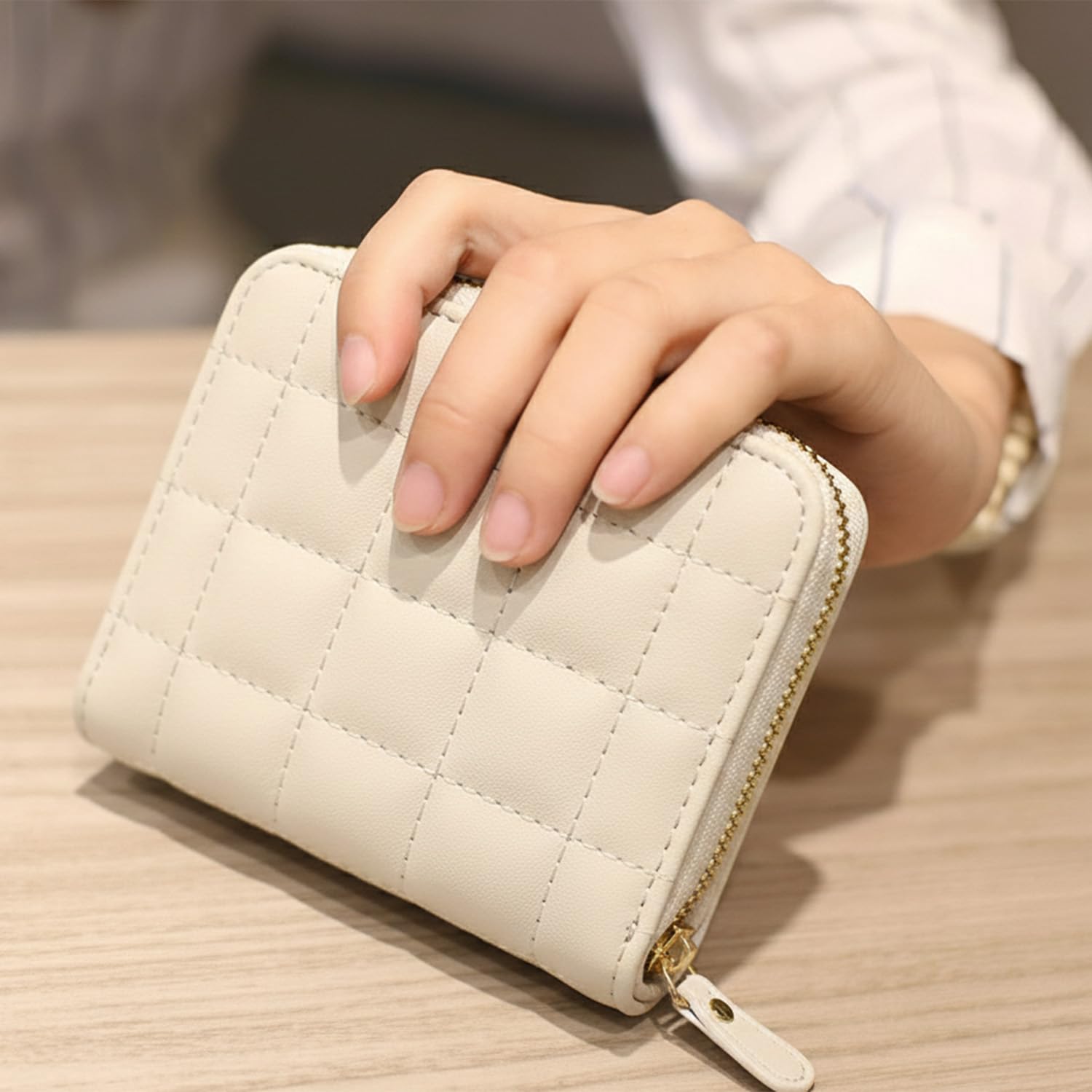 SYGA PU Leather Mini Zipper Wallet for Women, White – Checked Pattern