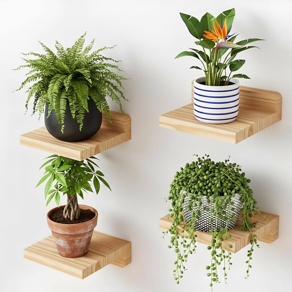 Decazone Wooden Wall Mounted Book Shelves Set of 4 | Kids Room Nursery Book Ledge Shelf | Floating Wall Shelves for Pots, Toys, Decor | Space Saving Wall Organizer (Natural Wood)