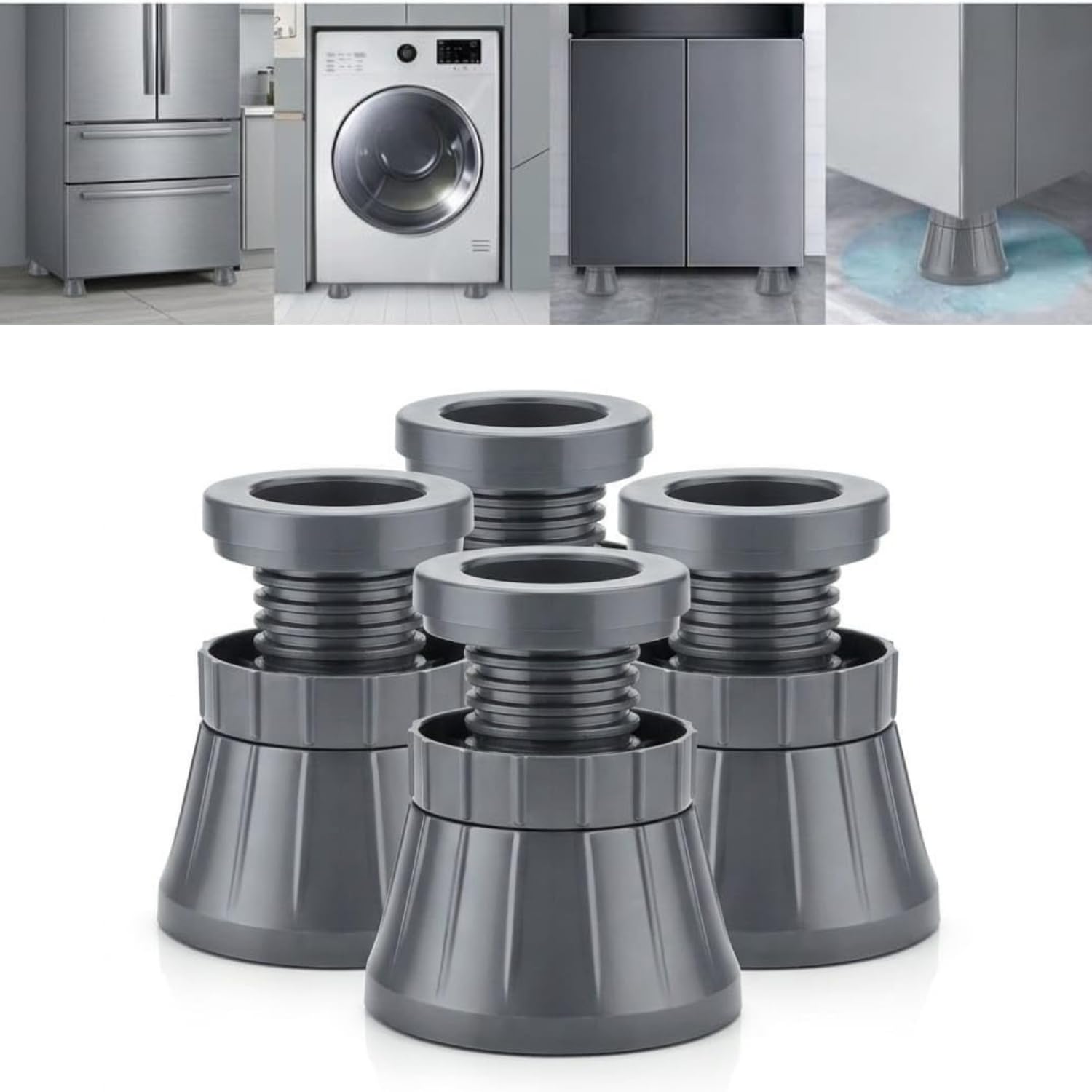 Anti Vibration Pads for Washing Machine (Pack of 4), Anti Slip Shock & Noise Absorbing Feet Pads for Washer, Dryer & Refrigerator, Adjustable Stand Support with Rubber Base (Dark Grey)