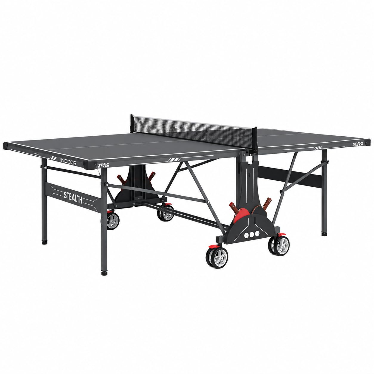 Stag Iconic Stealth Table Tennis Table | Full Size 9×5 FT Indoor Professional Ping Pong Table | 18mm Anti-Glare Board | Foldable with Wheels & Solo Playback | Net, Cover, 2 Rackets & 6 Balls